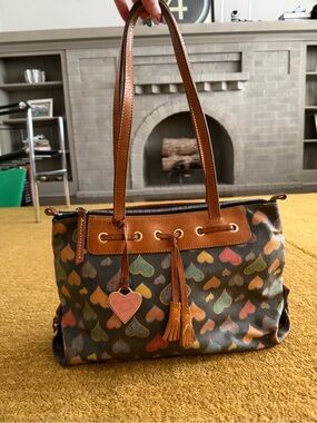 Dooney & Bourke Brown Leather-Trim Heart Print Shoulder Bag
